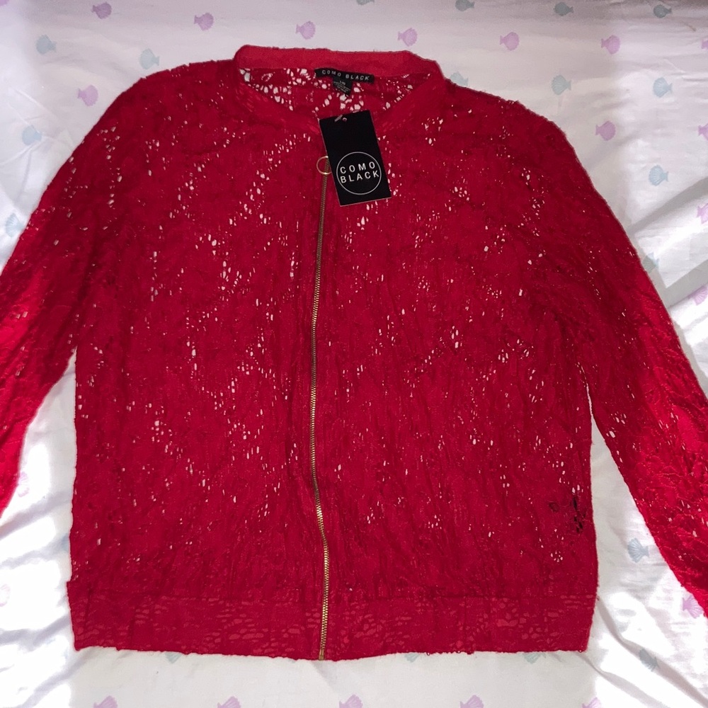 Como Black Women's Red Lace Bomber Jacket